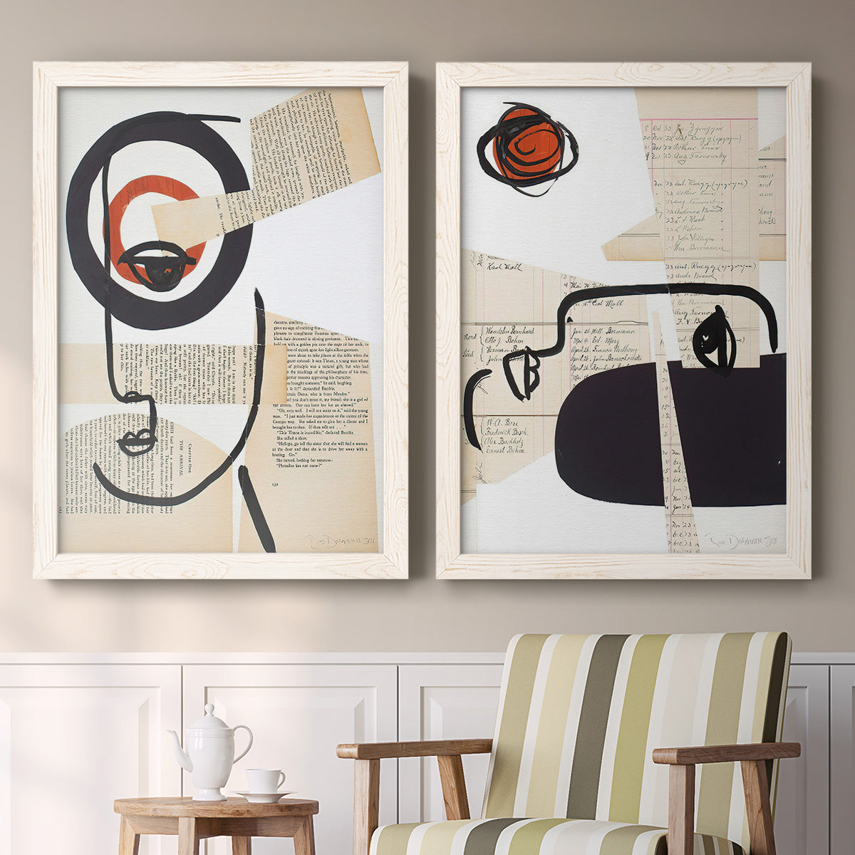 Set of two white barnwood framed canvas prints depicting two mixed-media portrait collages featuring cubist faces layered over vintage book pages above a sideboard in a cozy sitting room.