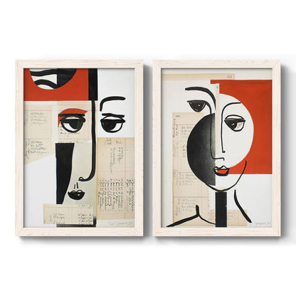 Set of two white barnwood framed canvas prints featuring two mixed-media portrait collages featuring cubist faces layered over vintage book pages.