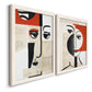 Angled view of a set of two white barnwood framed canvas prints featuring two mixed-media portrait collages featuring cubist faces layered over vintage book pages.