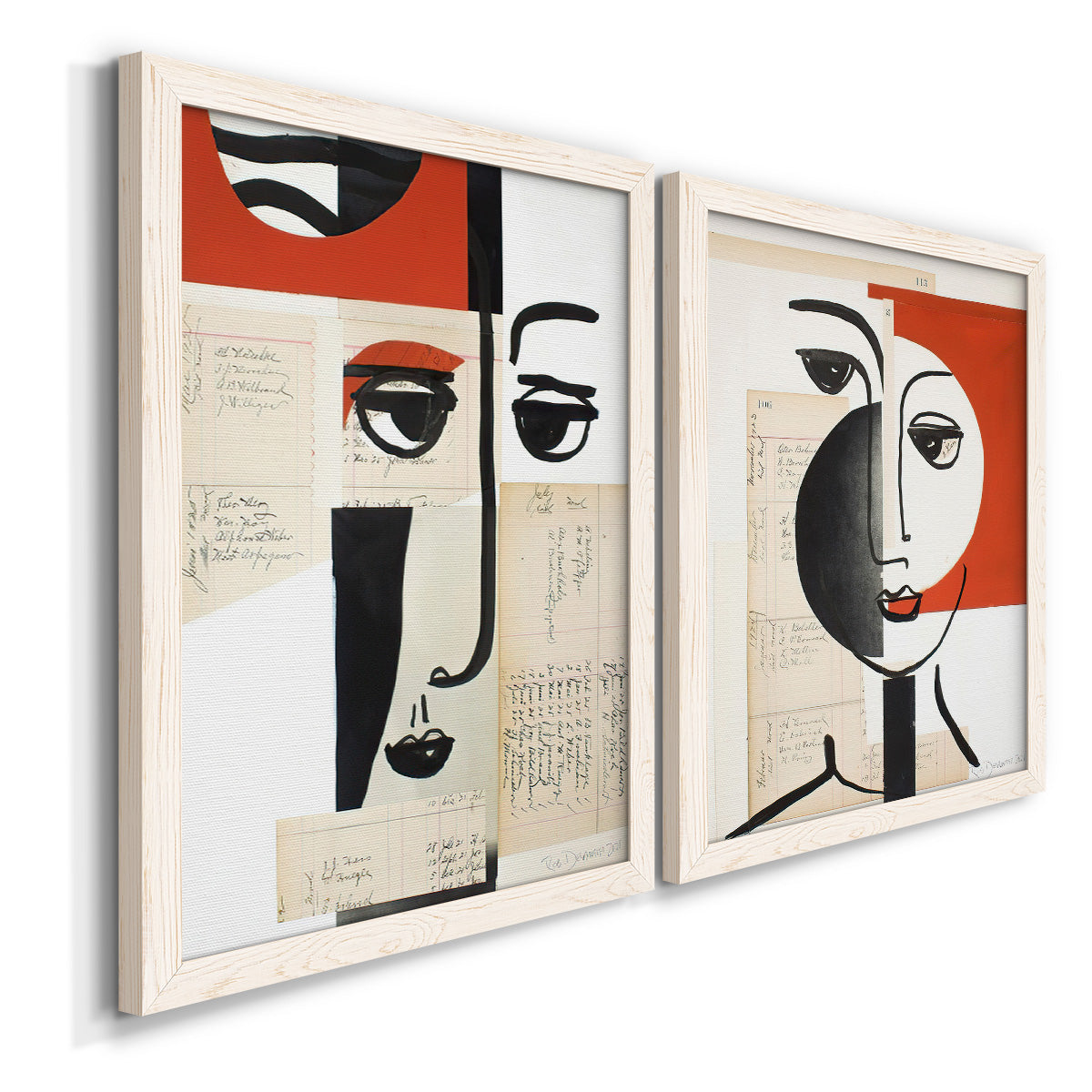 Angled view of a set of two white barnwood framed canvas prints featuring two mixed-media portrait collages featuring cubist faces layered over vintage book pages.