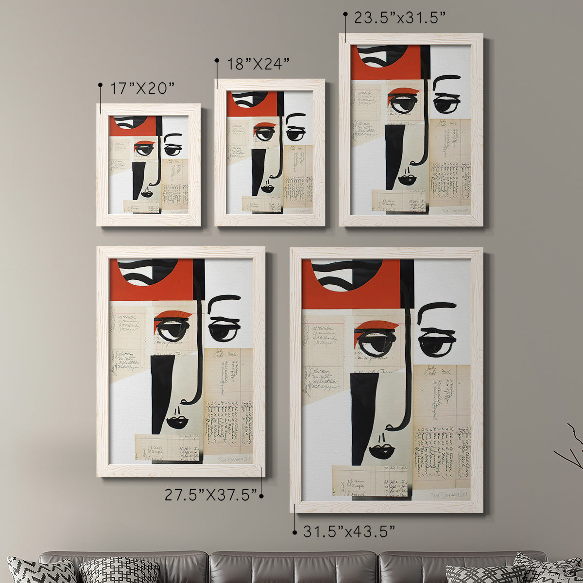 Size comparison chart for a set of two white barnwood framed canvas prints.