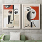 Set of two white barnwood framed canvas prints depicting a coordinated art pair of cubist faces layered over vintage book pages rendered as mixed-media portrait collages above a sofa in a modern living room.