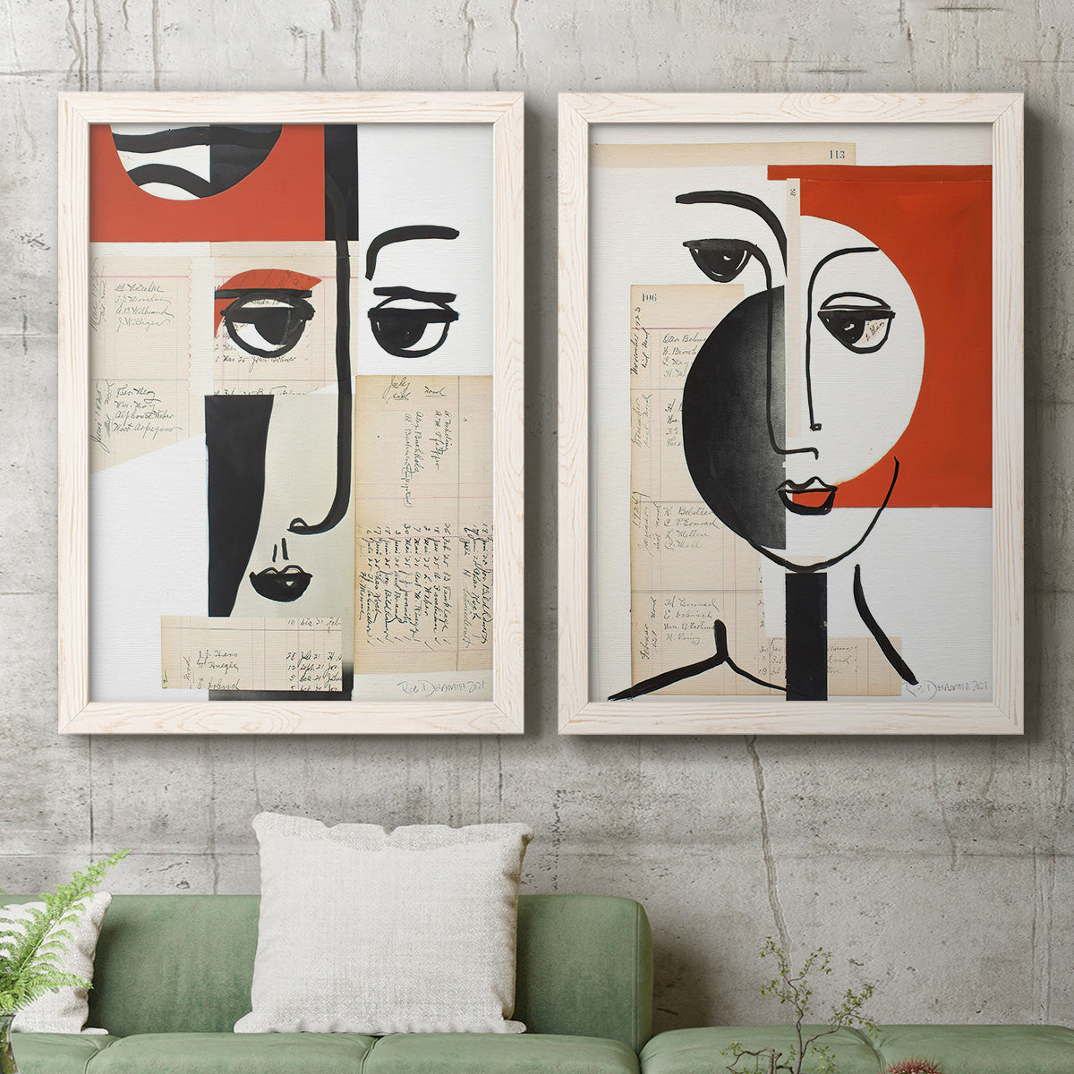 Set of two white barnwood framed canvas prints depicting a coordinated art pair of cubist faces layered over vintage book pages rendered as mixed-media portrait collages above a sofa in a modern living room.