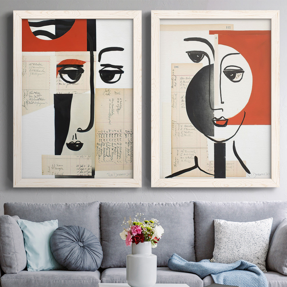 Set of two white barnwood framed canvas prints depicting paired mixed-media portrait collages with black contour features, red blocks, typography, and torn-paper textures above a sofa in a contemporary living room.