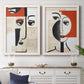 Set of two white barnwood framed canvas prints depicting a coordinated art pair of cubist faces layered over vintage book pages rendered as mixed-media portrait collages above a dining room sideboard.