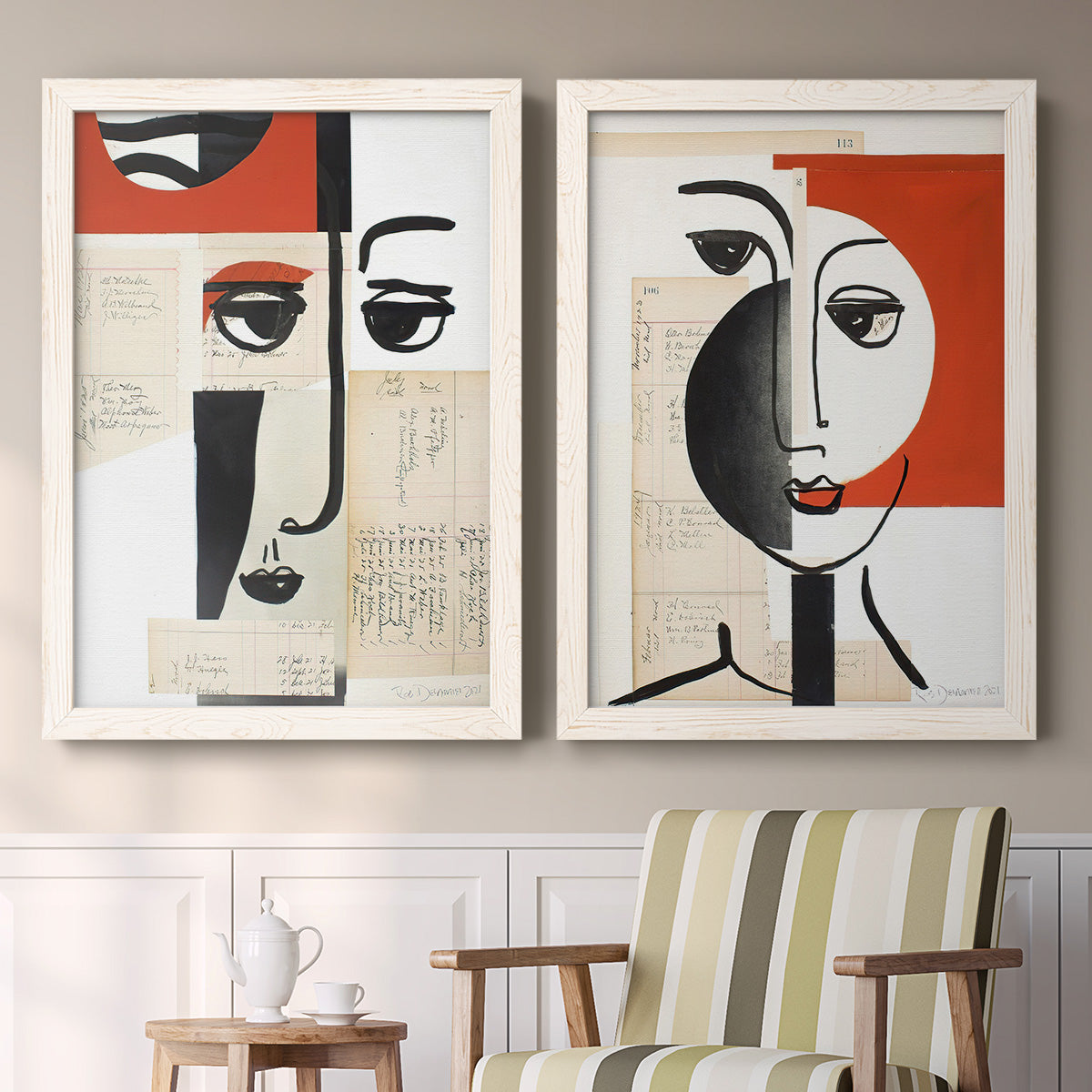 Set of two white barnwood framed canvas prints depicting two mixed-media portrait collages featuring cubist faces layered over vintage book pages above a sideboard in a cozy sitting room.