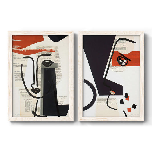 Set of two white barnwood framed canvas prints featuring two mixed-media portrait collages featuring cubist faces layered over vintage book pages.