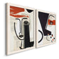 Angled view of a set of two white barnwood framed canvas prints featuring two mixed-media portrait collages featuring cubist faces layered over vintage book pages.