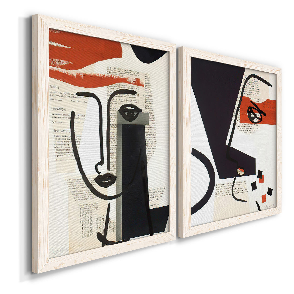 Angled view of a set of two white barnwood framed canvas prints featuring two mixed-media portrait collages featuring cubist faces layered over vintage book pages.
