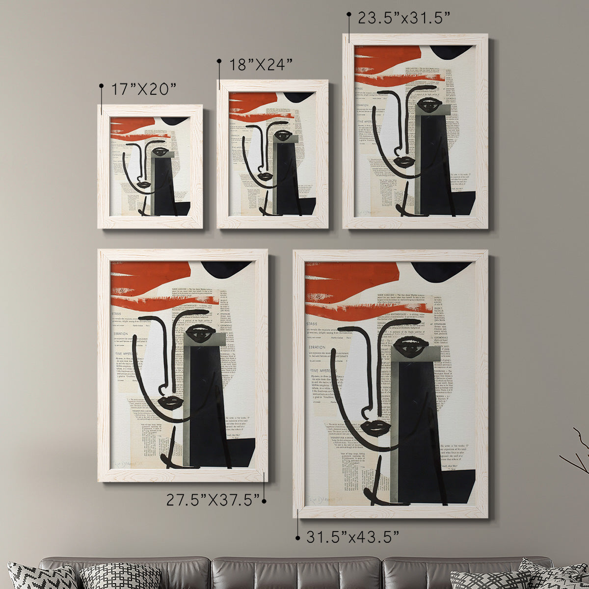 Size comparison chart for a set of two white barnwood framed canvas prints.
