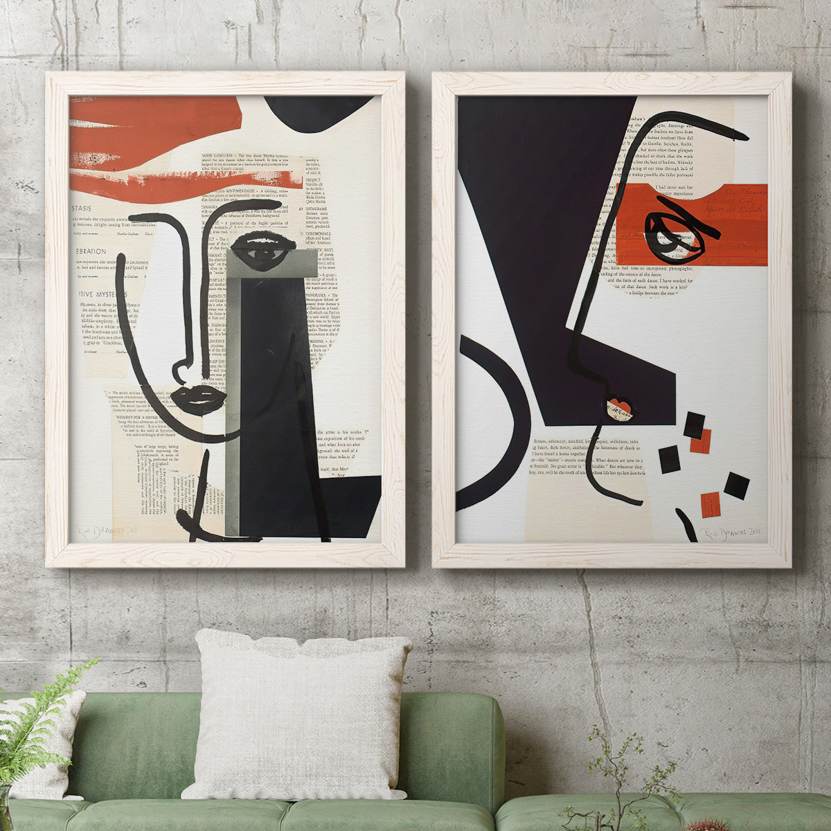 Set of two white barnwood framed canvas prints depicting a coordinated art pair of cubist faces layered over vintage book pages rendered as mixed-media portrait collages above a sofa in a modern living room.