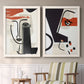 Set of two white barnwood framed canvas prints depicting two mixed-media portrait collages featuring cubist faces layered over vintage book pages above a sideboard in a cozy sitting room.