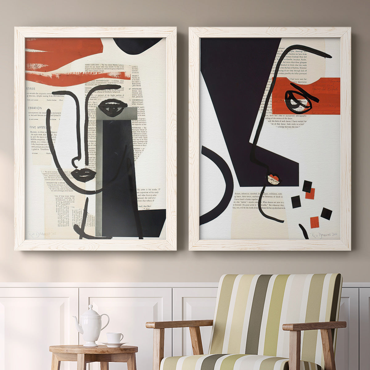 Set of two white barnwood framed canvas prints depicting two mixed-media portrait collages featuring cubist faces layered over vintage book pages above a sideboard in a cozy sitting room.