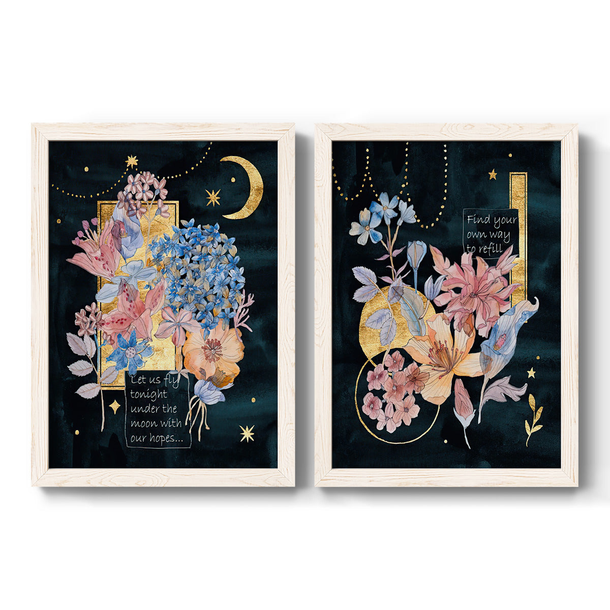 Set of two white barnwood framed canvas prints featuring two whimsical floral collages featuring fantastical bouquets and celestial symbols on black.
