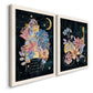 Angled view of a set of two white barnwood framed canvas prints featuring two whimsical floral collages featuring fantastical bouquets and celestial symbols on black.