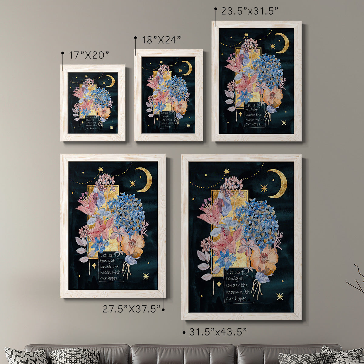 Size comparison chart for a set of two white barnwood framed canvas prints.