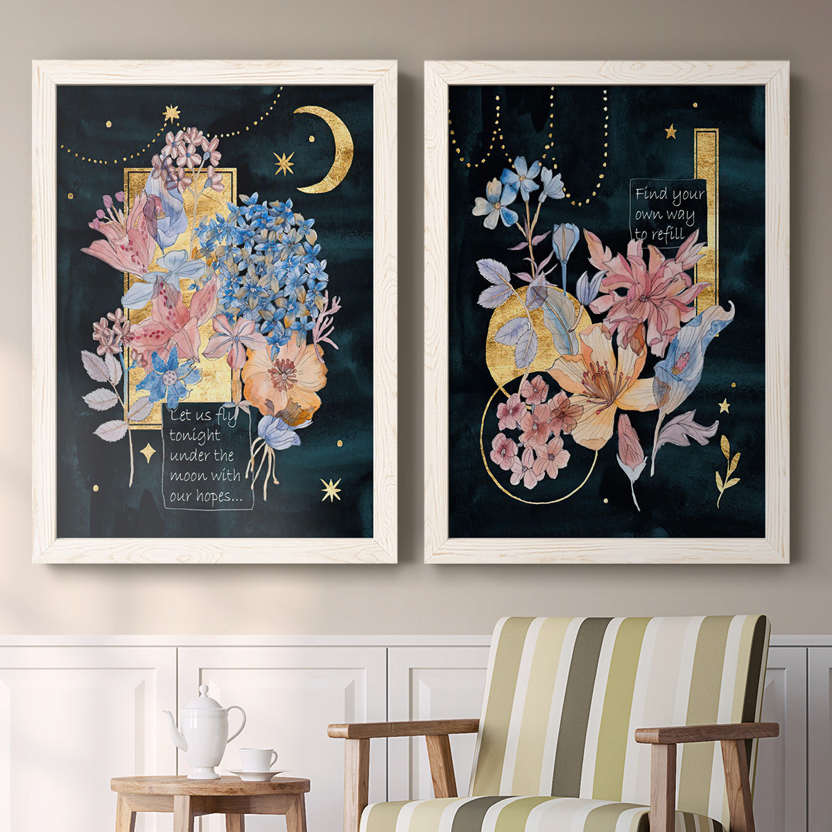 Set of two white barnwood framed canvas prints depicting two whimsical floral collages featuring fantastical bouquets and celestial symbols on black above a sideboard in a cozy sitting room.