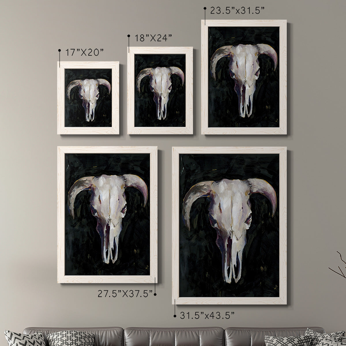 Size comparison chart for a set of two white barnwood framed canvas prints.