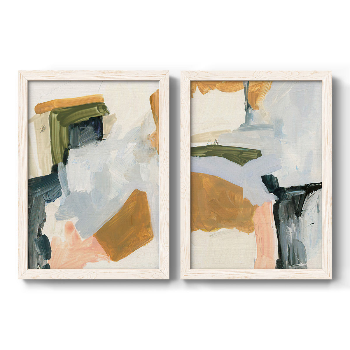 Set of two white barnwood framed canvas prints featuring two contemporary mixed-media abstracts featuring layered green ochre blush gray and white paint blocks.