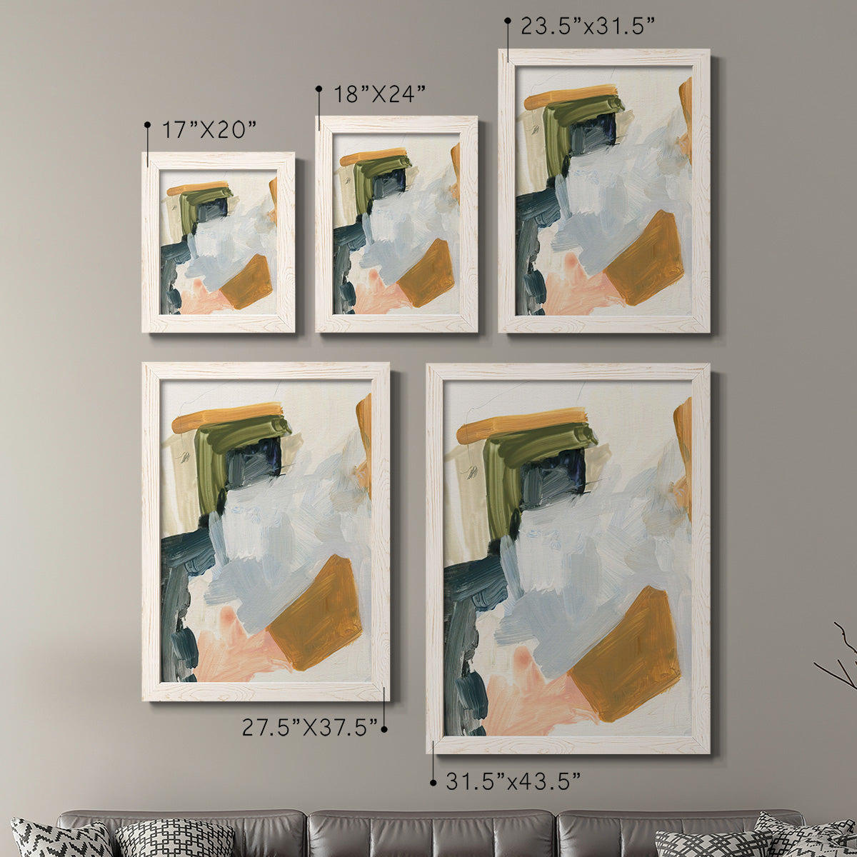 Size comparison chart for a set of two white barnwood framed canvas prints.