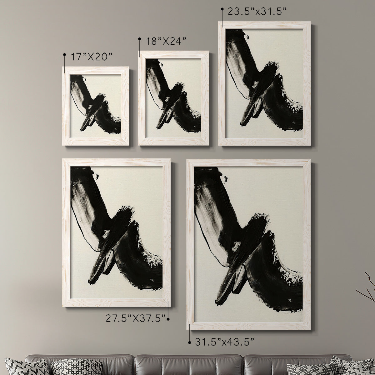 Size comparison chart for a set of two white barnwood framed canvas prints.