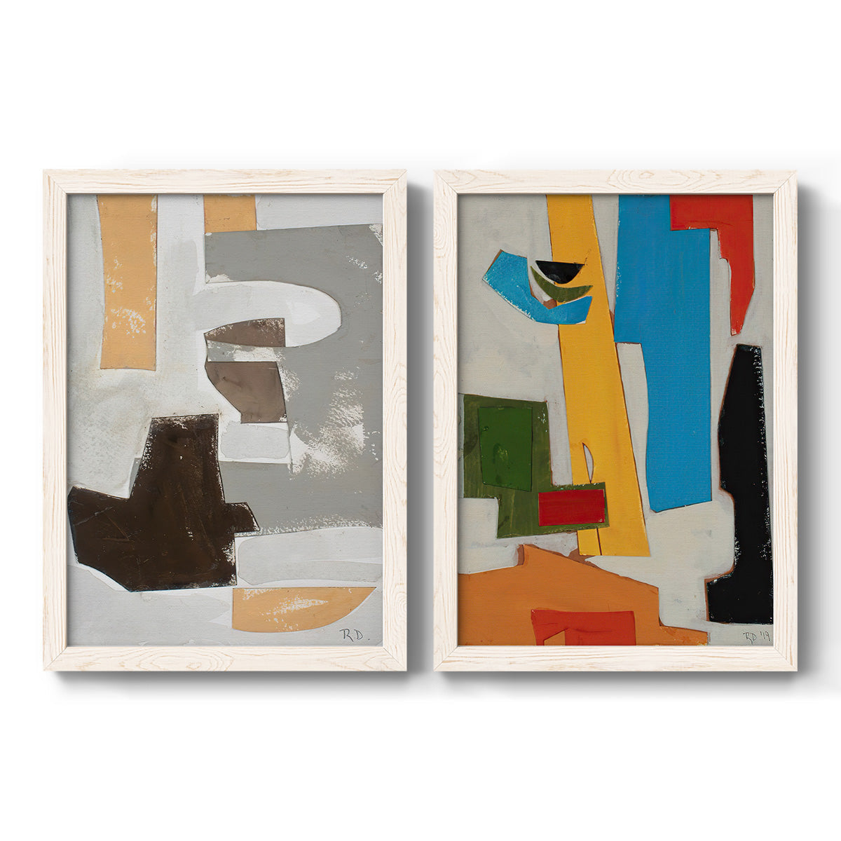 Set of two white barnwood framed canvas prints featuring two mid-century geometric abstracts featuring stacked gray cream blue and bright geometric blocks.