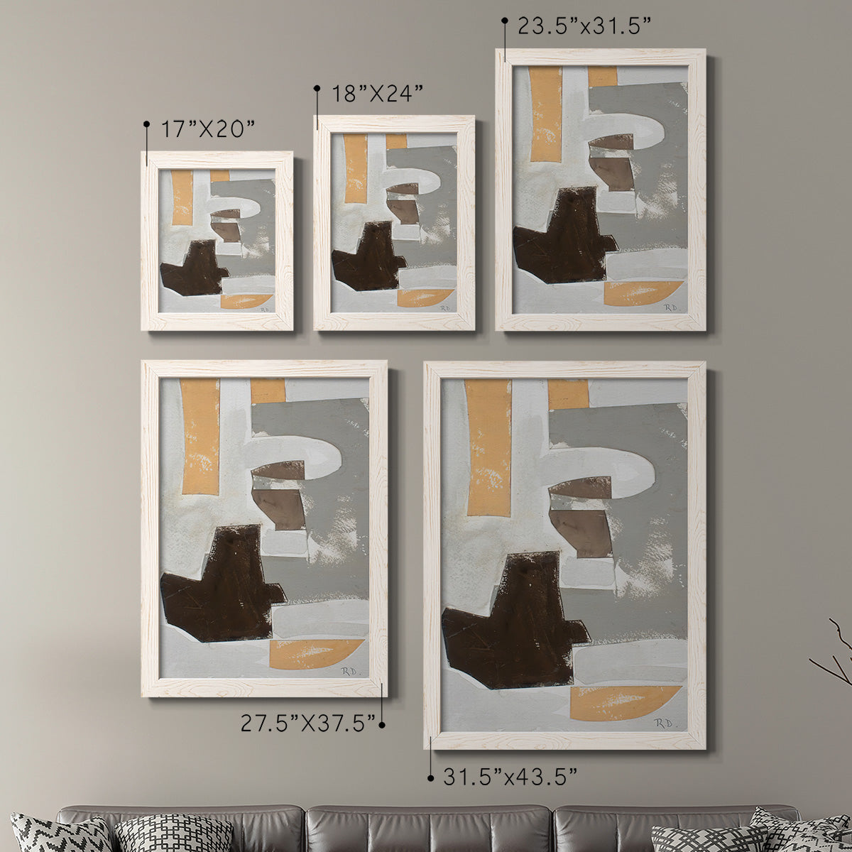 Size comparison chart for a set of two white barnwood framed canvas prints.
