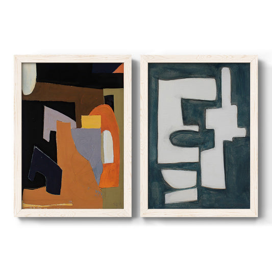 Set of two white barnwood framed canvas prints featuring two mid-century graphic abstracts featuring stacked ochre orange black gray and teal geometric forms.