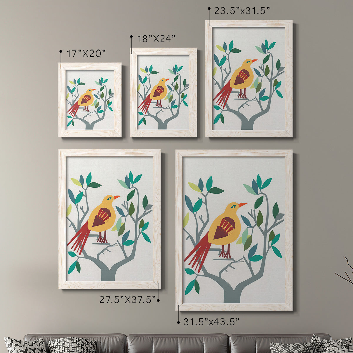 Size comparison chart for a set of two white barnwood framed canvas prints.