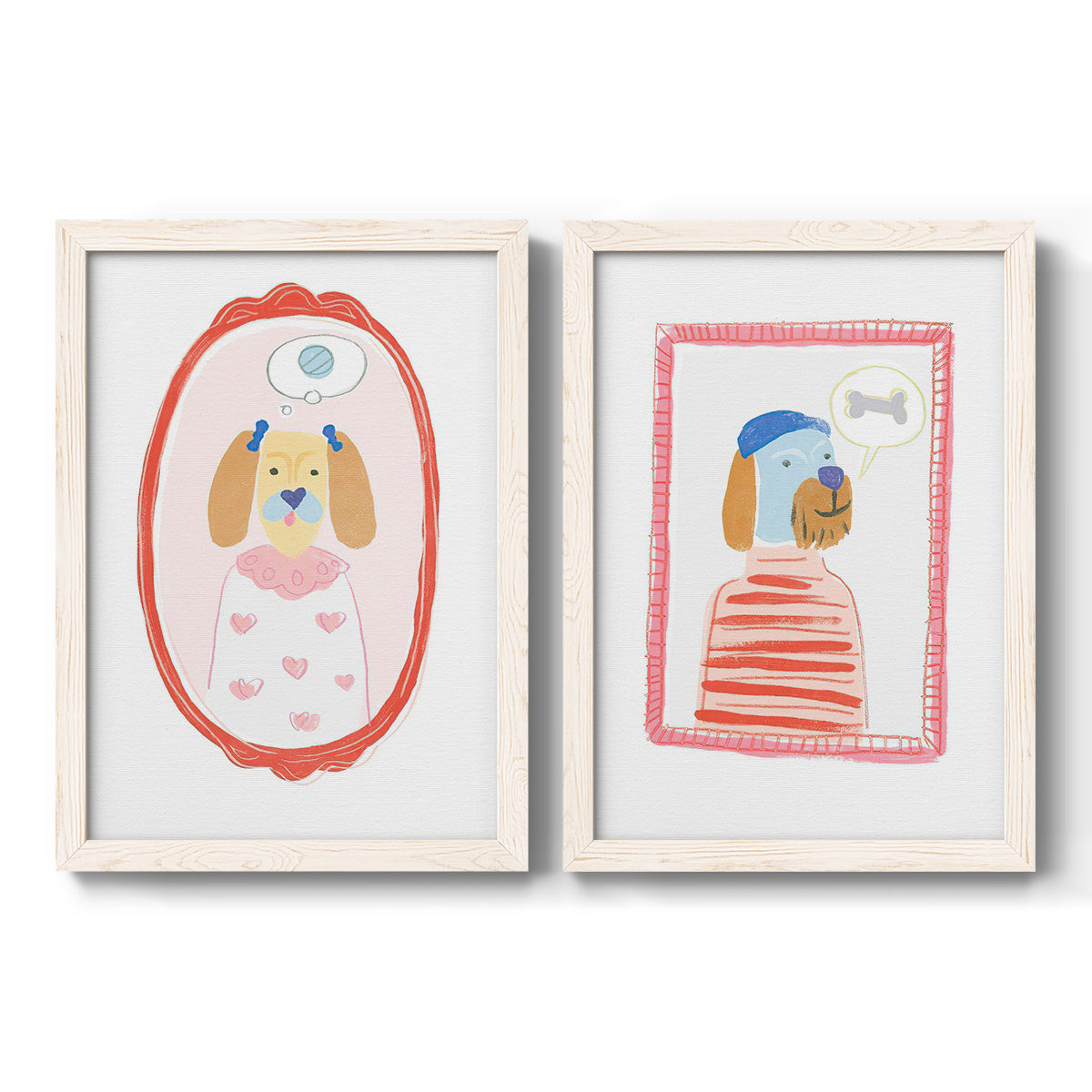 Set of two white barnwood framed canvas prints featuring two whimsical nursery illustrations featuring playful framed portraits of fashionable cats and dogs.