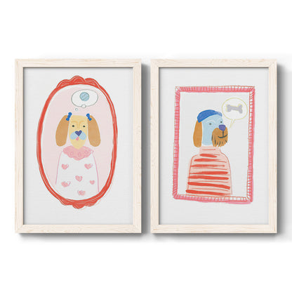 Set of two white barnwood framed canvas prints featuring two whimsical nursery illustrations featuring playful framed portraits of fashionable cats and dogs.