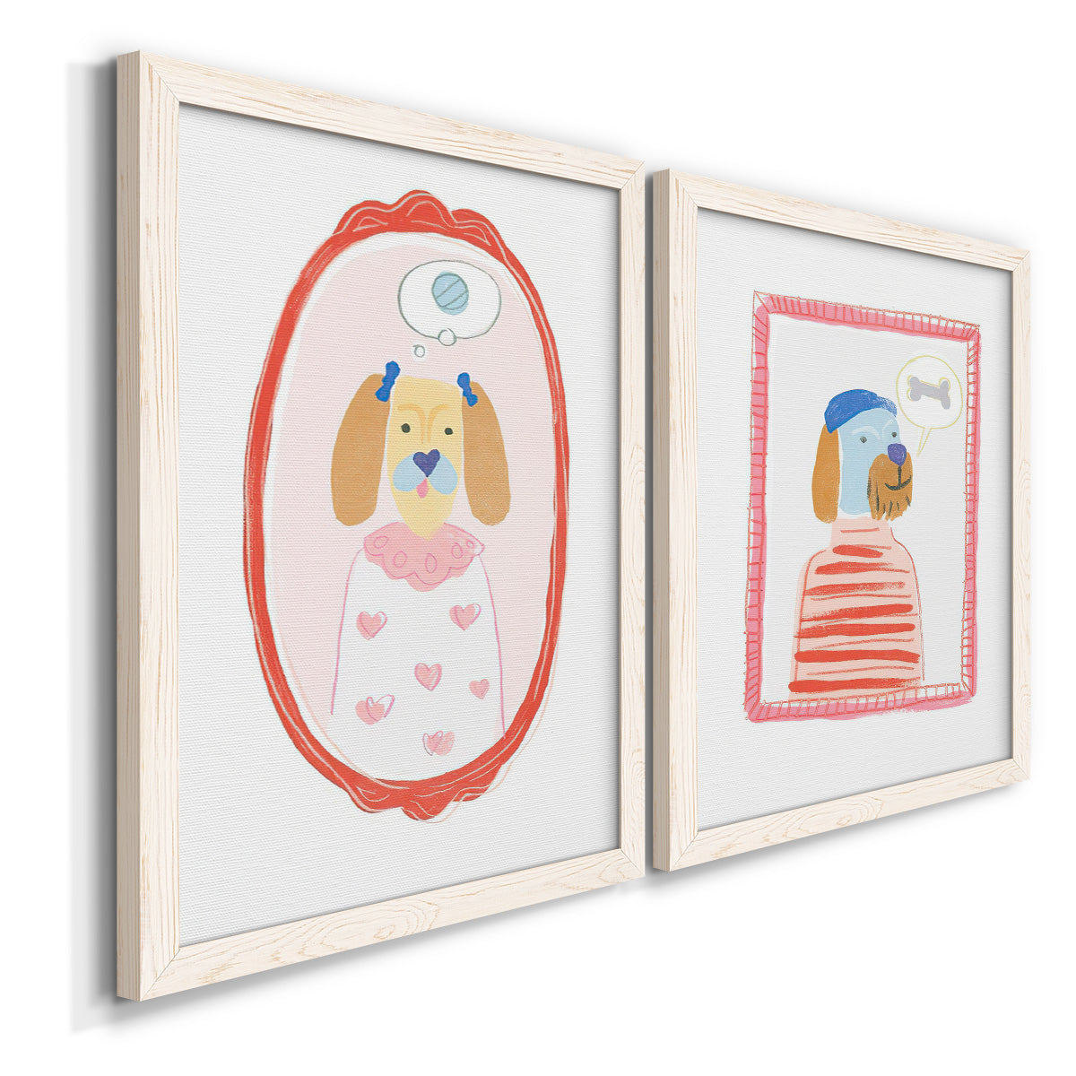 Angled view of a set of two white barnwood framed canvas prints featuring two whimsical nursery illustrations featuring playful framed portraits of fashionable cats and dogs.
