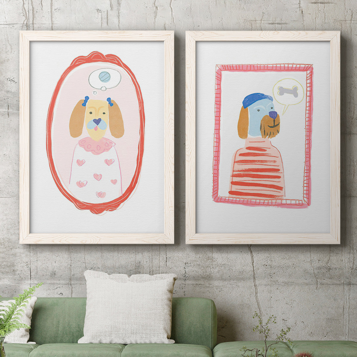 Set of two white barnwood framed canvas prints depicting a coordinated art pair of playful framed portraits of fashionable cats and dogs rendered as whimsical nursery illustrations above a sofa in a modern living room.