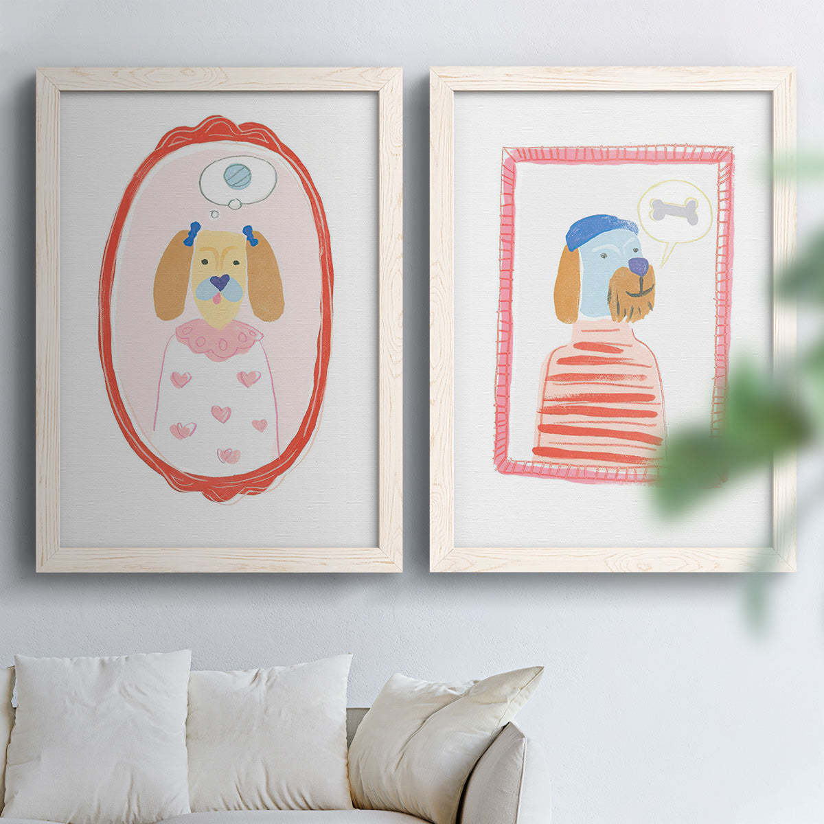 Set of two white barnwood framed canvas prints depicting striped outfits, eyeglasses, decorative borders, and pastel accents arranged across two complementary compositions above a sofa in a bright living space.
