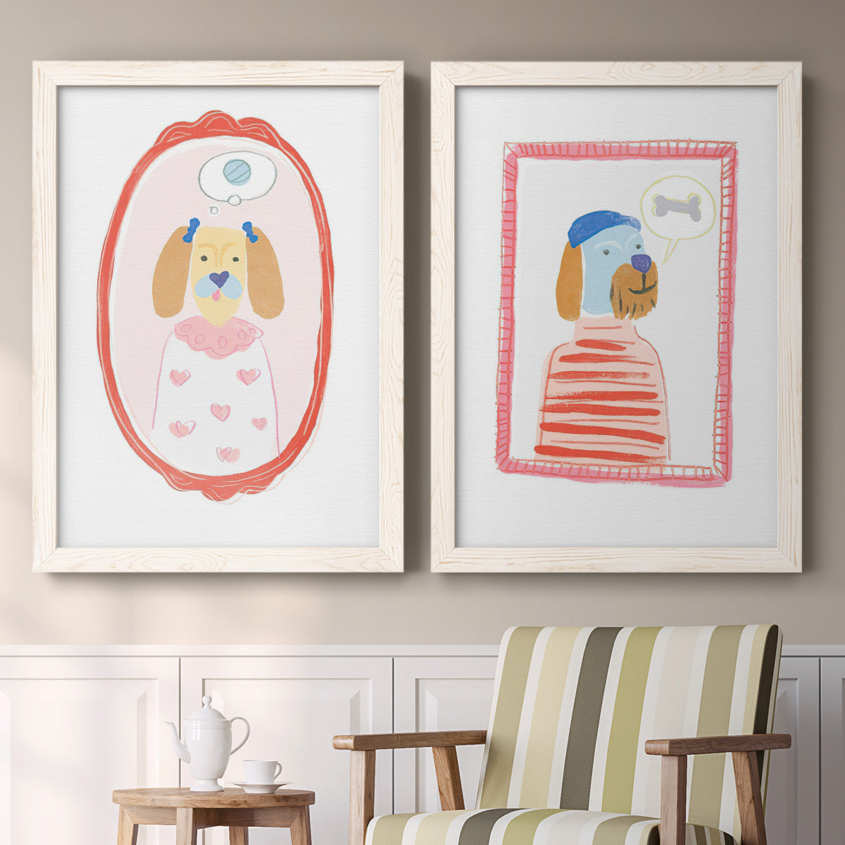 Set of two white barnwood framed canvas prints depicting two whimsical nursery illustrations featuring playful framed portraits of fashionable cats and dogs above a sideboard in a cozy sitting room.