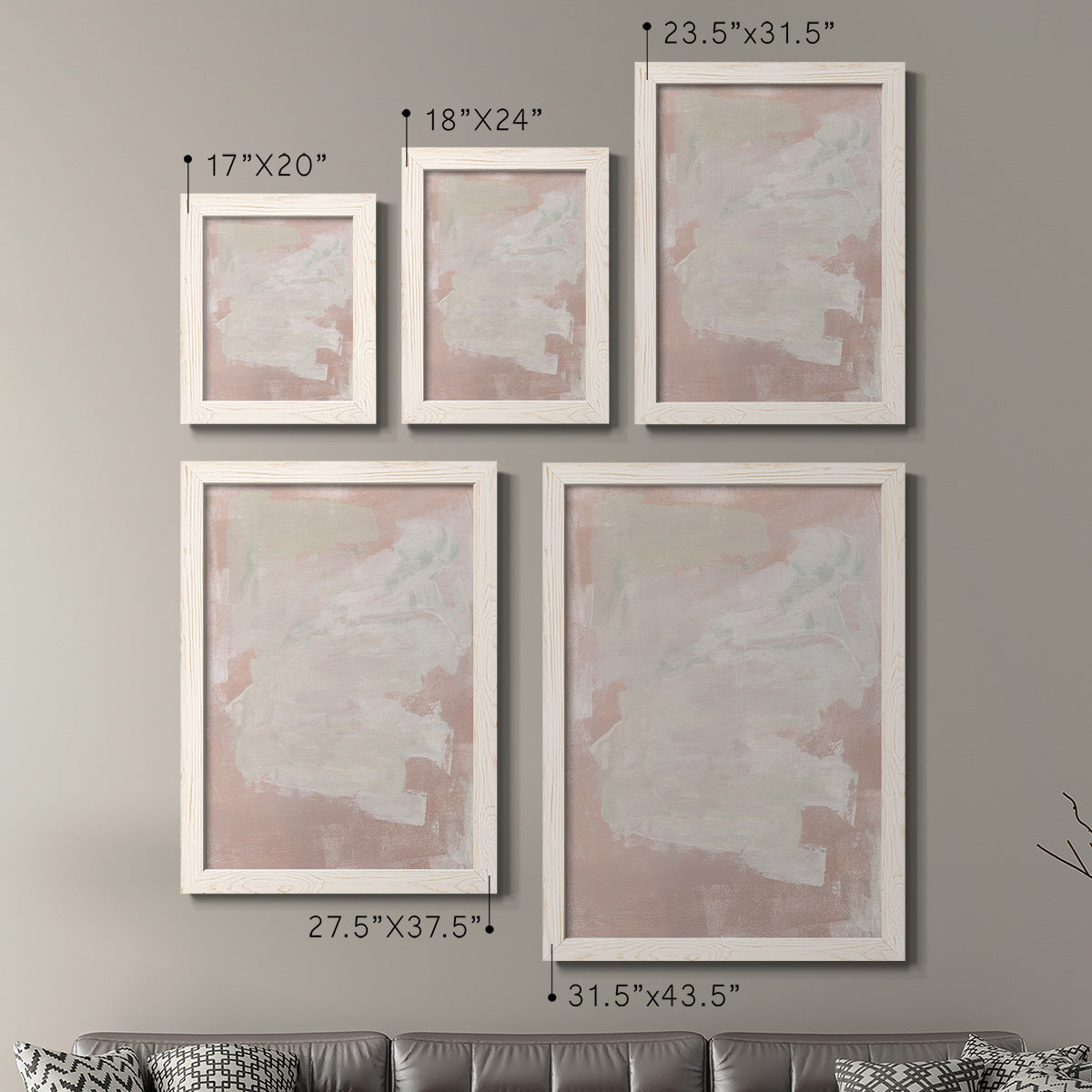 Size comparison chart for a set of two white barnwood framed canvas prints.