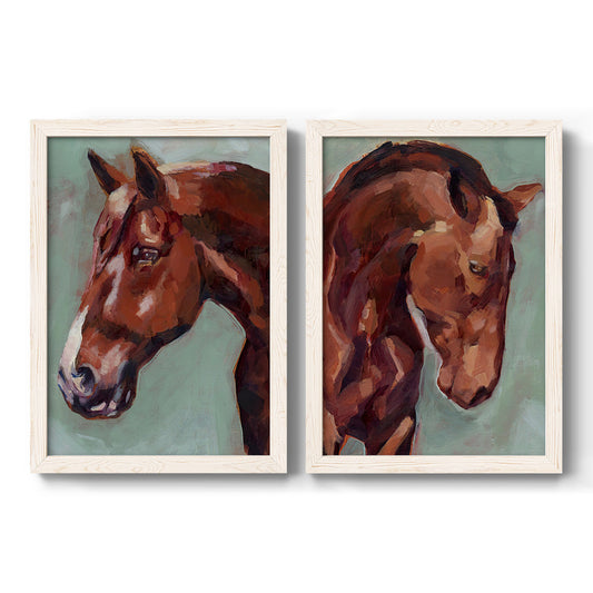 Set of two white barnwood framed canvas prints featuring two painterly equestrian portraits featuring close-up portraits of chestnut horses.