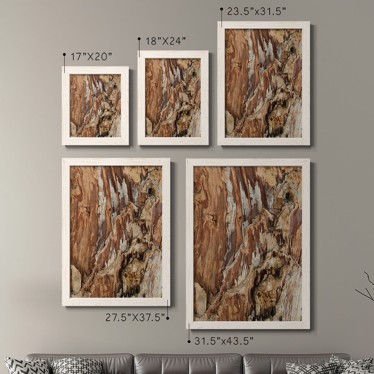Size comparison chart for a set of two white barnwood framed canvas prints.