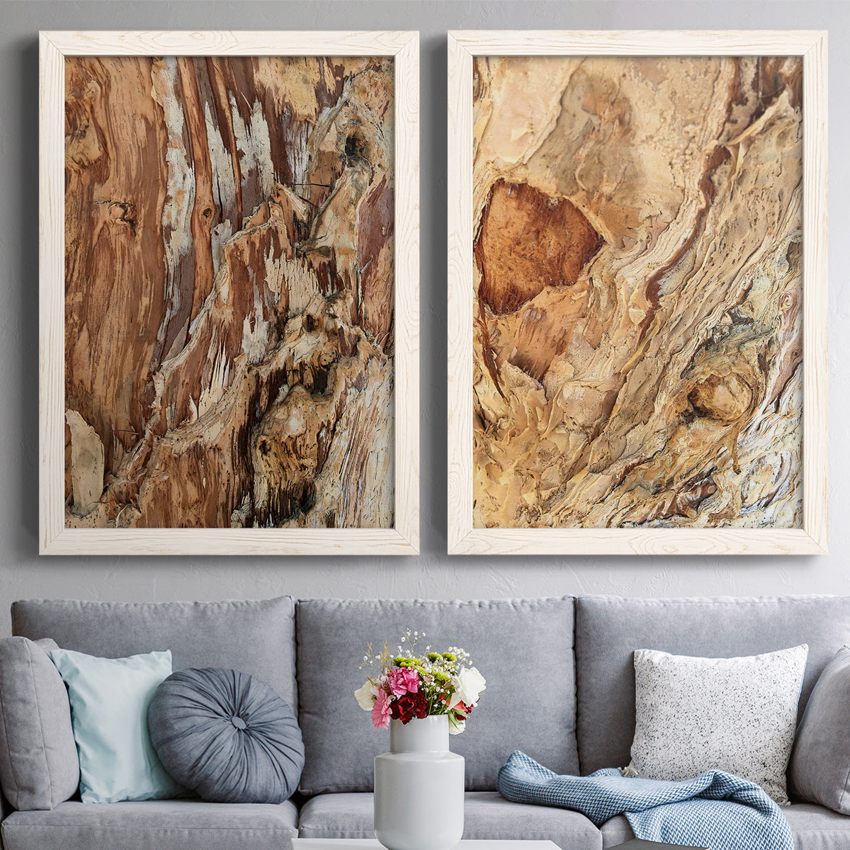Set of two white barnwood framed canvas prints depicting paired rustic nature photography with layered brown tan and cream bark with rugged organic detail above a sofa in a contemporary living room.