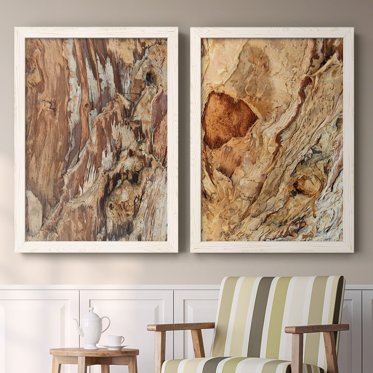 Set of two white barnwood framed canvas prints depicting two rustic nature photography featuring close-up tree bark textures above a sideboard in a cozy sitting room.