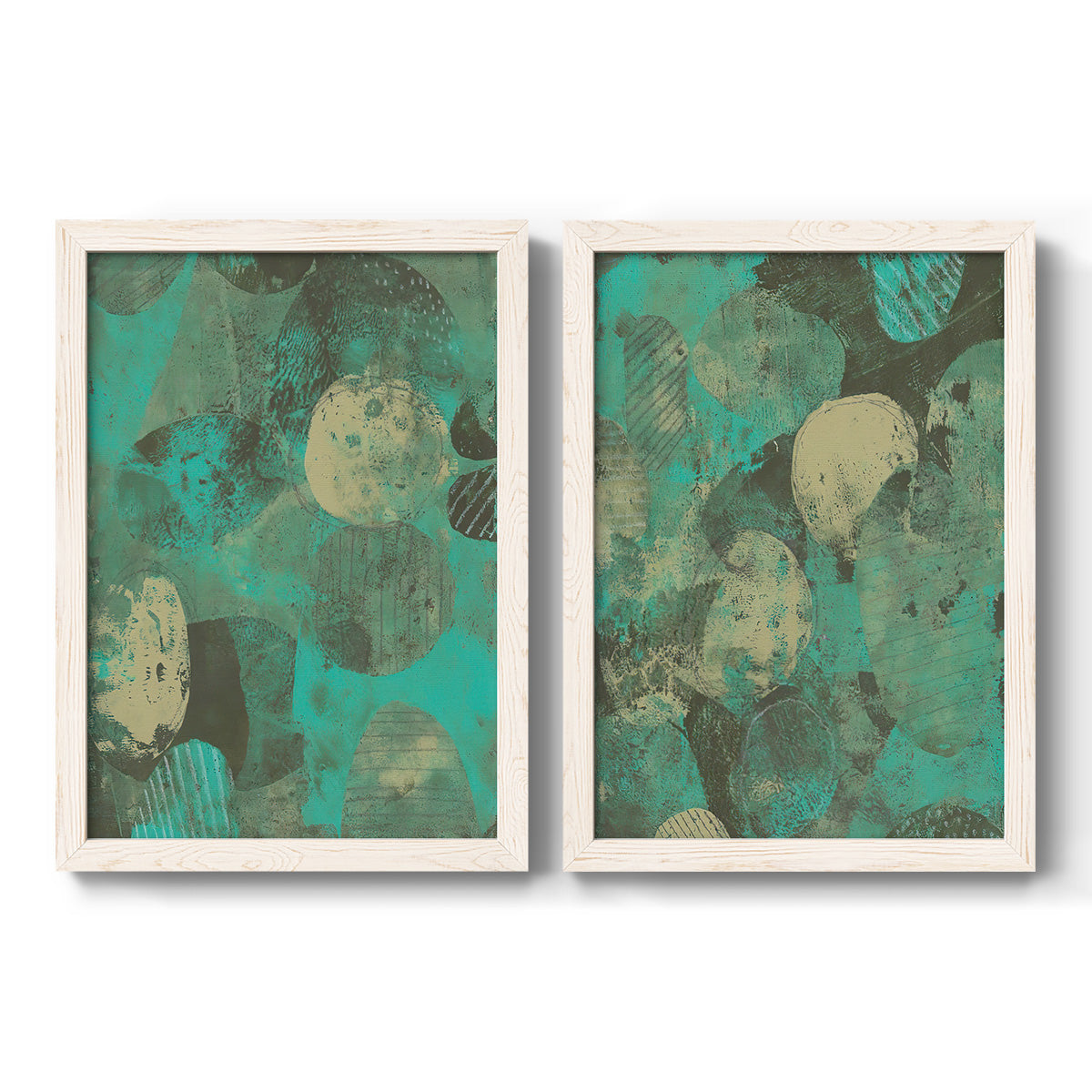 Set of two white barnwood framed canvas prints featuring two textured organic abstracts featuring layered mint teal and beige circular forms.