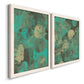 Angled view of a set of two white barnwood framed canvas prints featuring two textured organic abstracts featuring layered mint teal and beige circular forms.