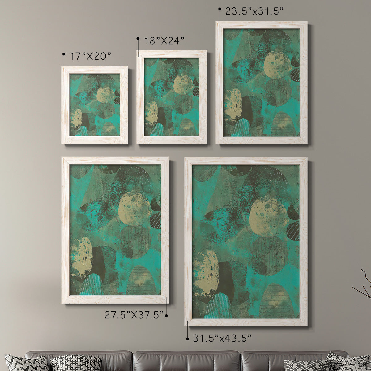 Size comparison chart for a set of two white barnwood framed canvas prints.