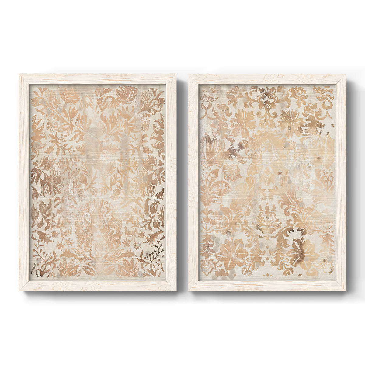 Set of two white barnwood framed canvas prints featuring two vintage decorative prints featuring ornate cream floral damask patterns.