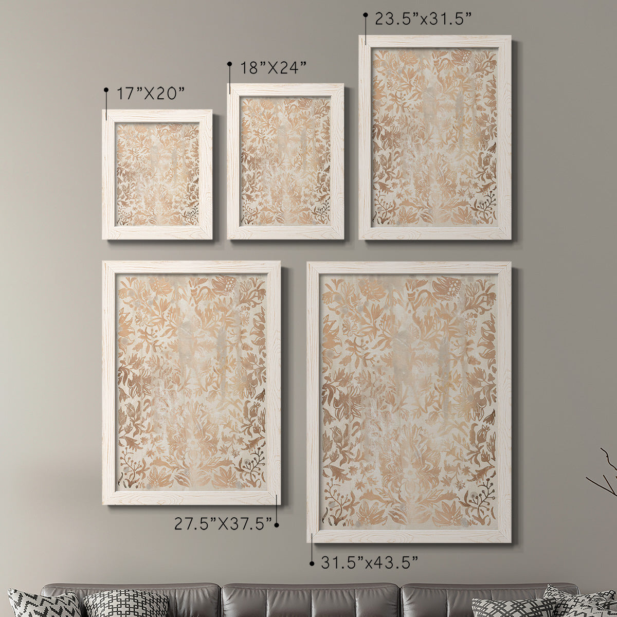Size comparison chart for a set of two white barnwood framed canvas prints.