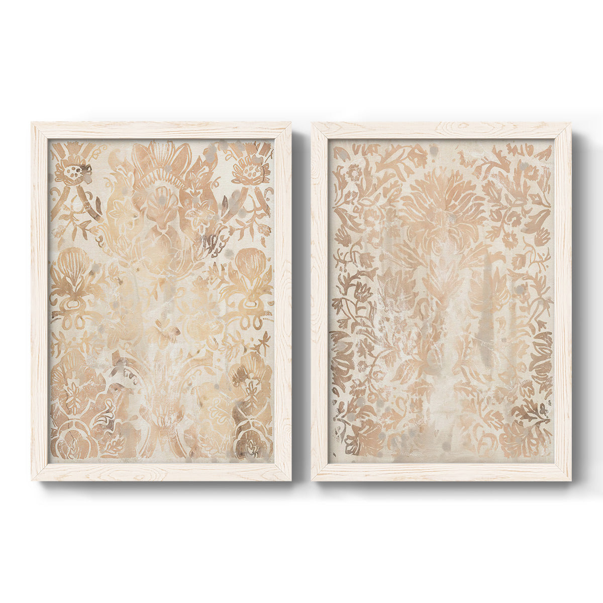 Set of two white barnwood framed canvas prints featuring two vintage decorative prints featuring ornate cream floral damask patterns.