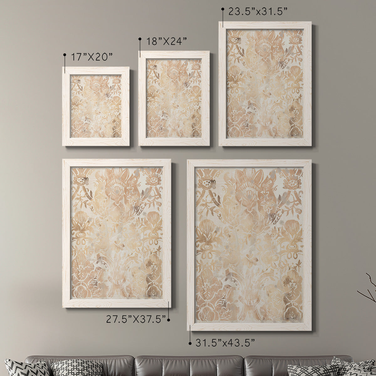 Size comparison chart for a set of two white barnwood framed canvas prints.