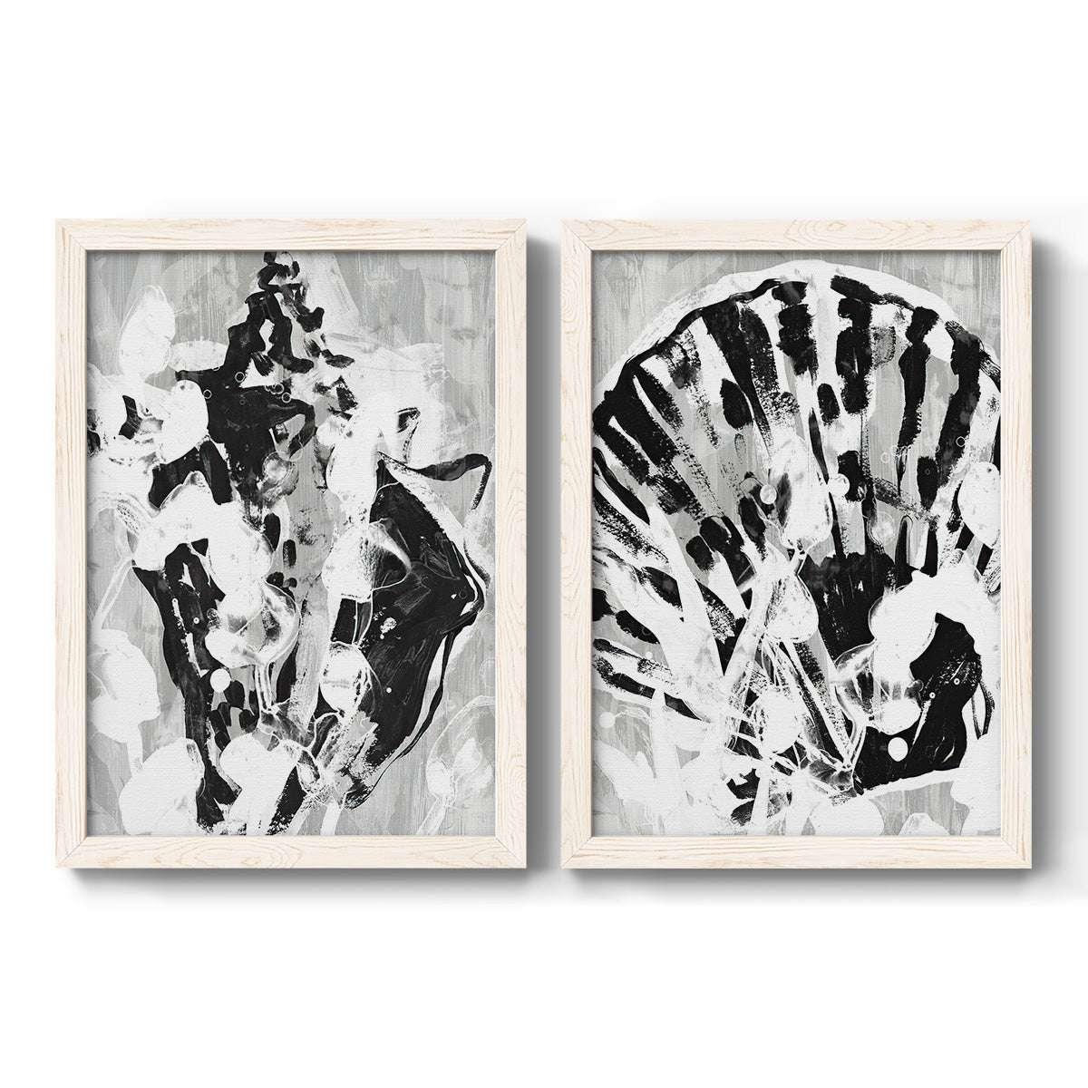 Set of two white barnwood framed canvas prints featuring two dramatic monochrome abstracts featuring black and gray inkblot bursts.