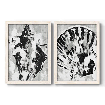 Set of two white barnwood framed canvas prints featuring two dramatic monochrome abstracts featuring black and gray inkblot bursts.