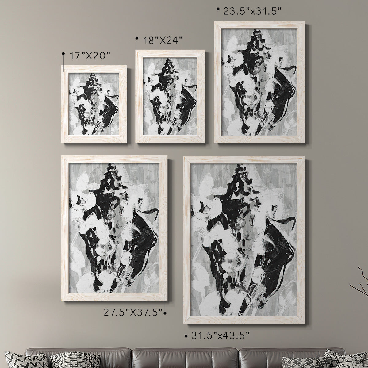 Size comparison chart for a set of two white barnwood framed canvas prints.